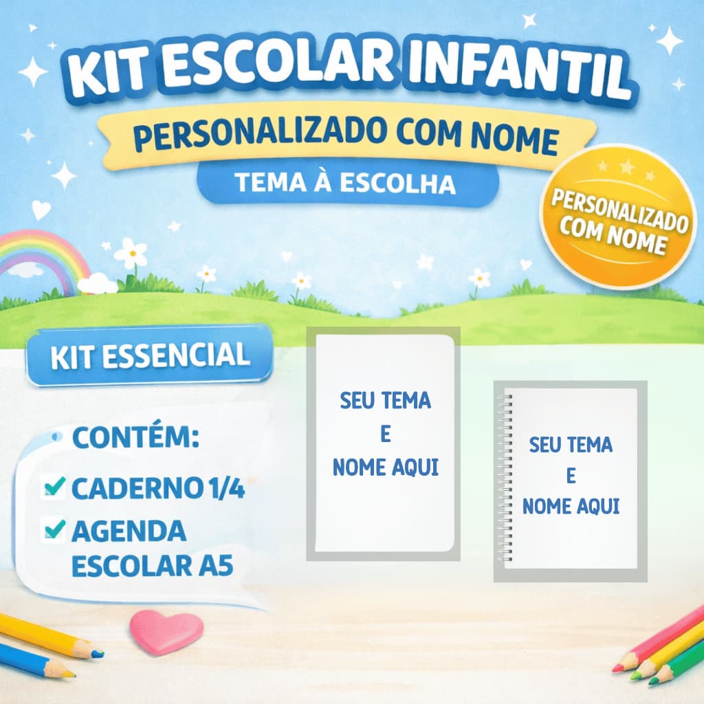Kit Escolar Essencial Personalizado • Caderno Brochura 1/4 + Agenda A5 • Nome e Tema