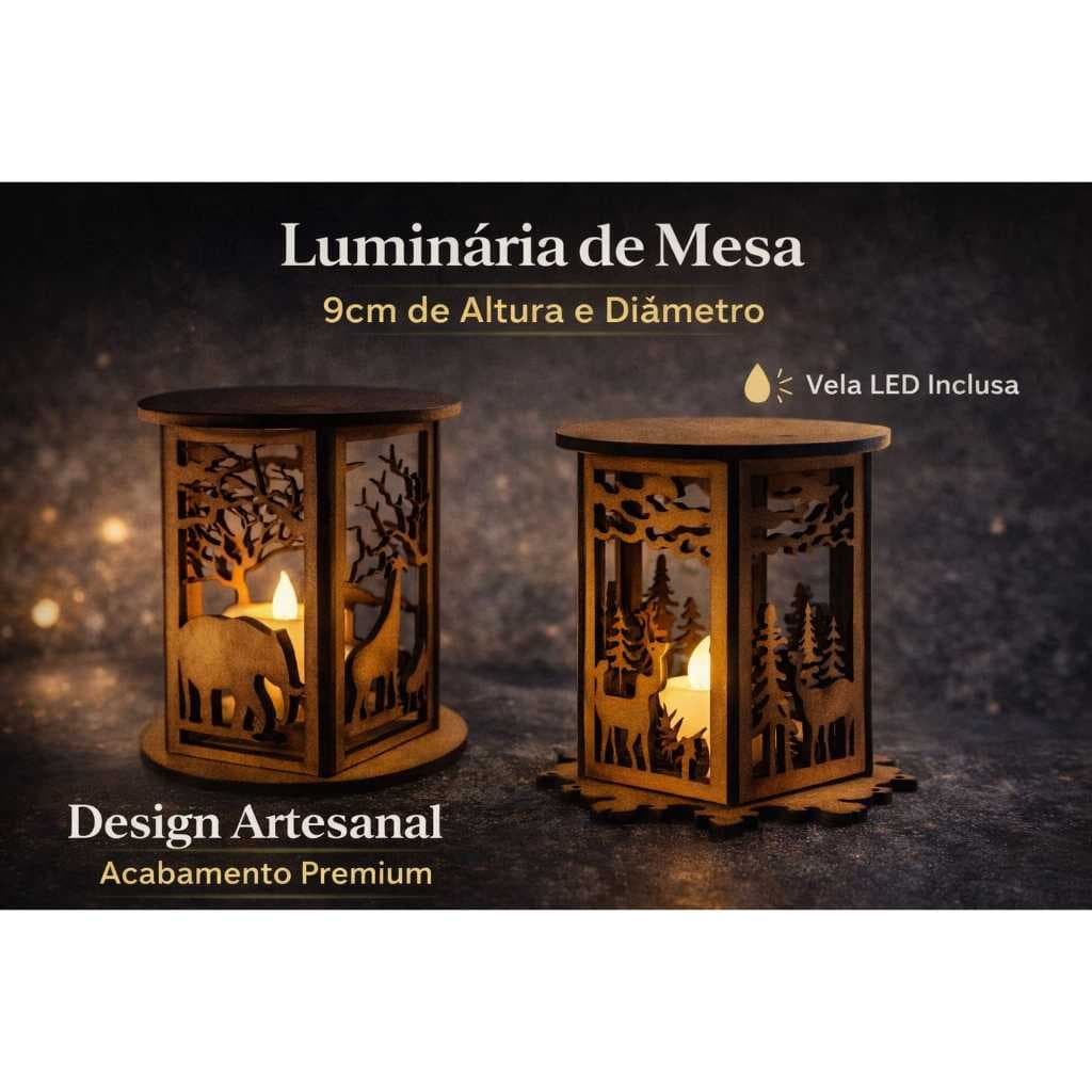 Luminária de Mesa em MDF PREMIUM 3mm com vela LED inclusa - Mesa Posta  - KIT 2 unidades