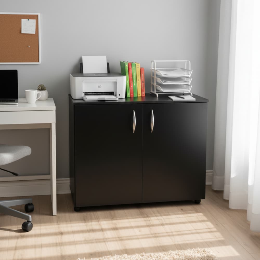 Armário Baixo 2 Portas Rodízios Preto MDP Aparador Escritório Home Office Multiuso Horizontal