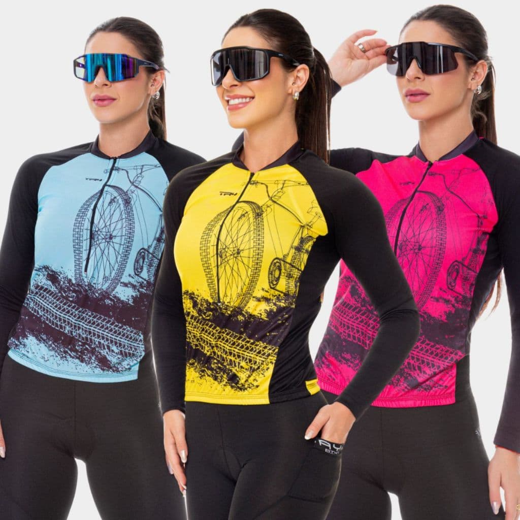 Conjunto Roupa de Ciclismo Feminina Inverno Frio Camisa Blusa Manga Longa e Calça Forro em Gel