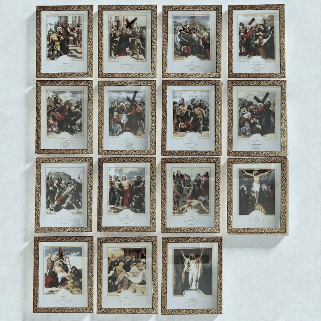Via Sacra 15 Estações 20x25 cm Conjunto de Quadros com Moldura Dourada M30