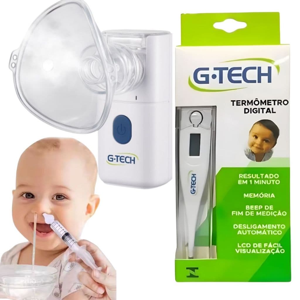 Kit Nebulizador G-Tech + Termômetro G-Tech + 2 Seringas Lavagem Nasal Inalador