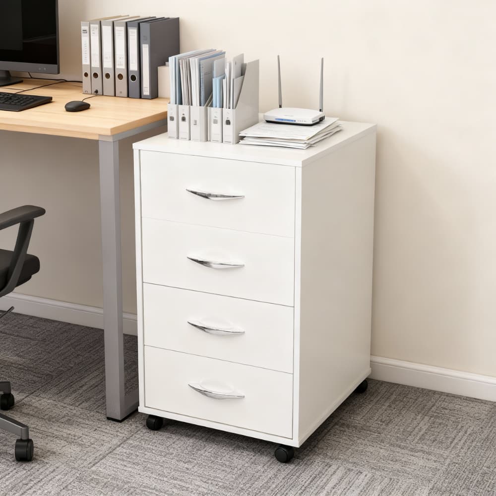 Gaveteiro 4 Gavetas Rodízios Branco MDF Criado Mudo Quarto Home Office Compacto Vertical Portátil