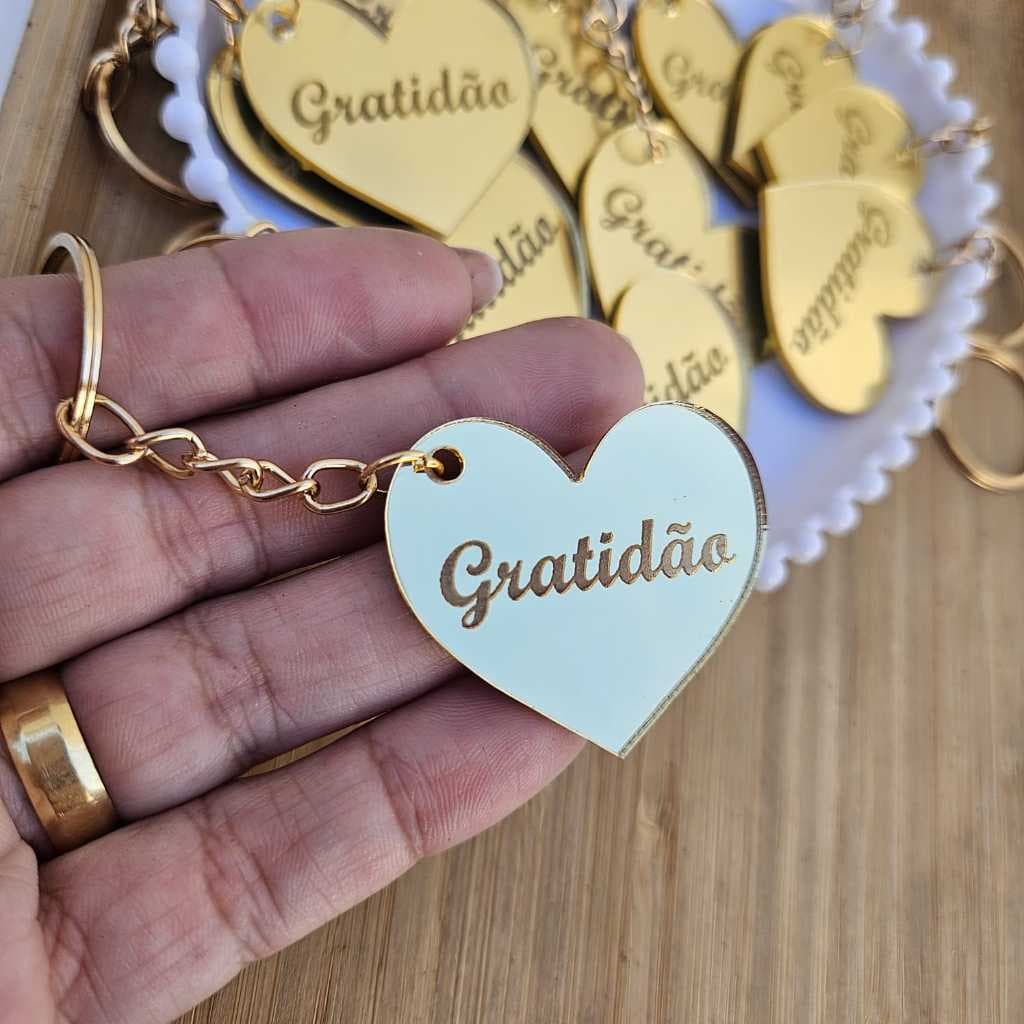 Chaveiro Coração Gratidão em Acrílico espelhado