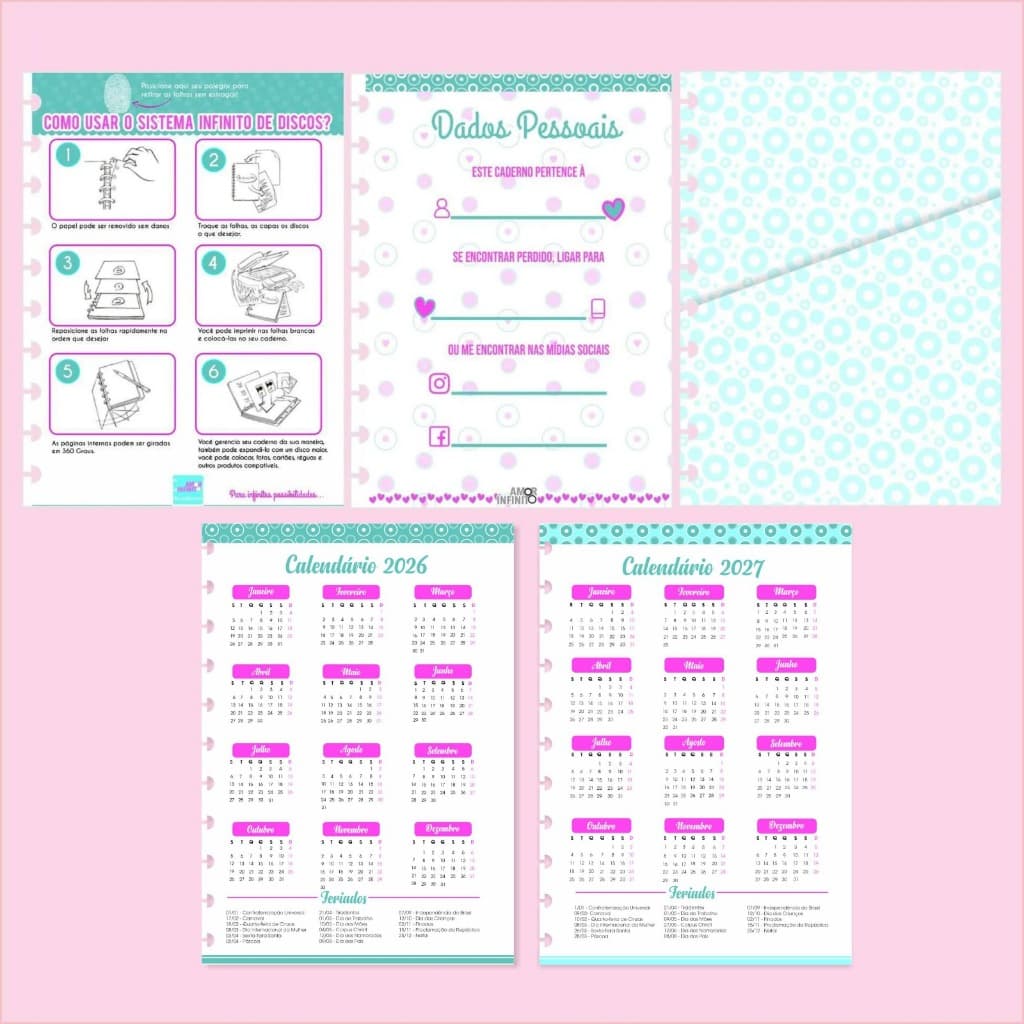 Folha de Informações + Calendários + Bolso de papel para Caderno Sistema Inteligente - 10 Furos