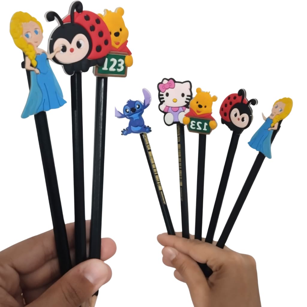 Kit 5 Lápis Pretos com Apliques Emborrachados Removíveis - Personagens Fofos