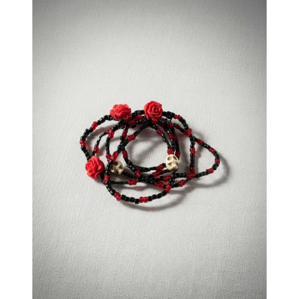Guia De Pombagira Rosa Caveira Cristal 8 Mm 60 Cm Cristal  Vermelho E Preto