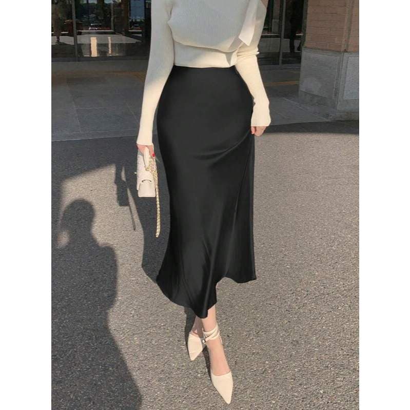 Saia Midi Cetim Elegante Acetinada Lisa Sereia Cintura Alta Ziper Modesta