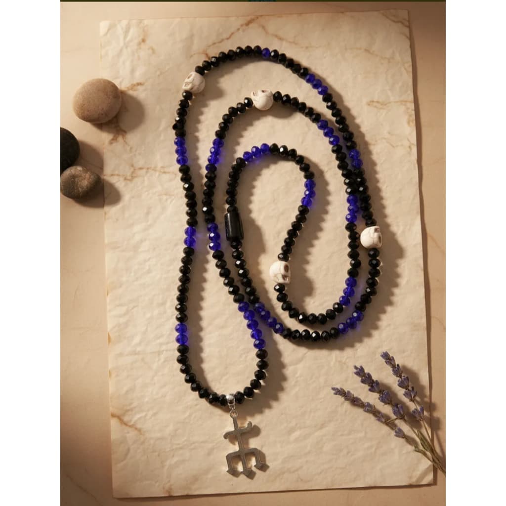 Guia Exú Tranca Ruas 60cm Cristal Vidro 8mm Umbanda  Azul E Preto