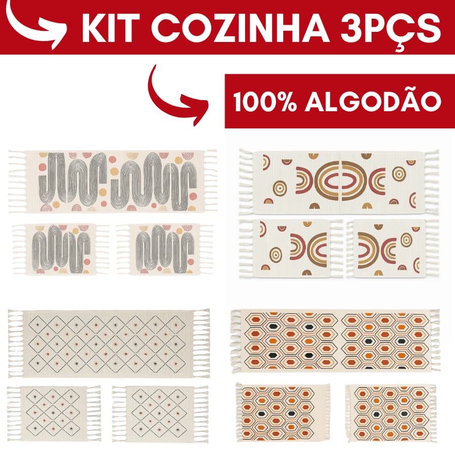 Kit Tapete de Cozinha 3 Peças em 100% Algodão, Passadeira Geométrica para Pia e Fogão Top