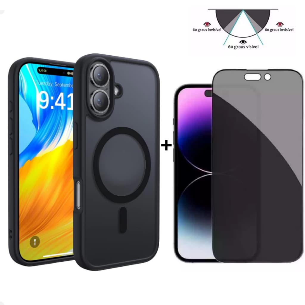 Capa Luxo Fosco + Pelicula Privacidade 3D Armadura Para iPhone 11 12 13 14 15 16 17 Pro Max