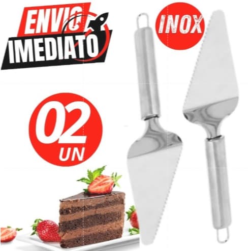 KIT 02 Espátula Corta Serve Bolo  Pizza Pudim 100% Inox Prático com Dentes para Serrar Casa Cozinha