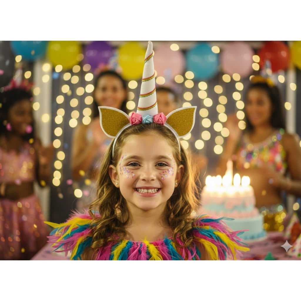Fantasia Tiara Infantil Tema Unicórnio Carnaval Festa Luxo