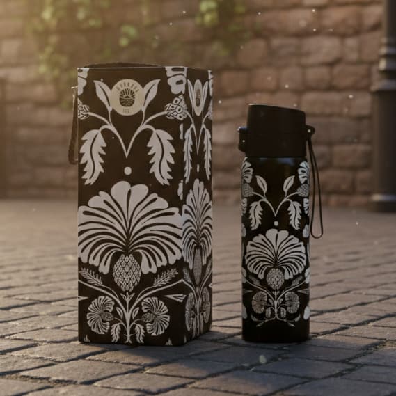 Garrafa Térmica Premium 650ml – Estampa Botânica Black & White + Caixa de Presente Exclusiva