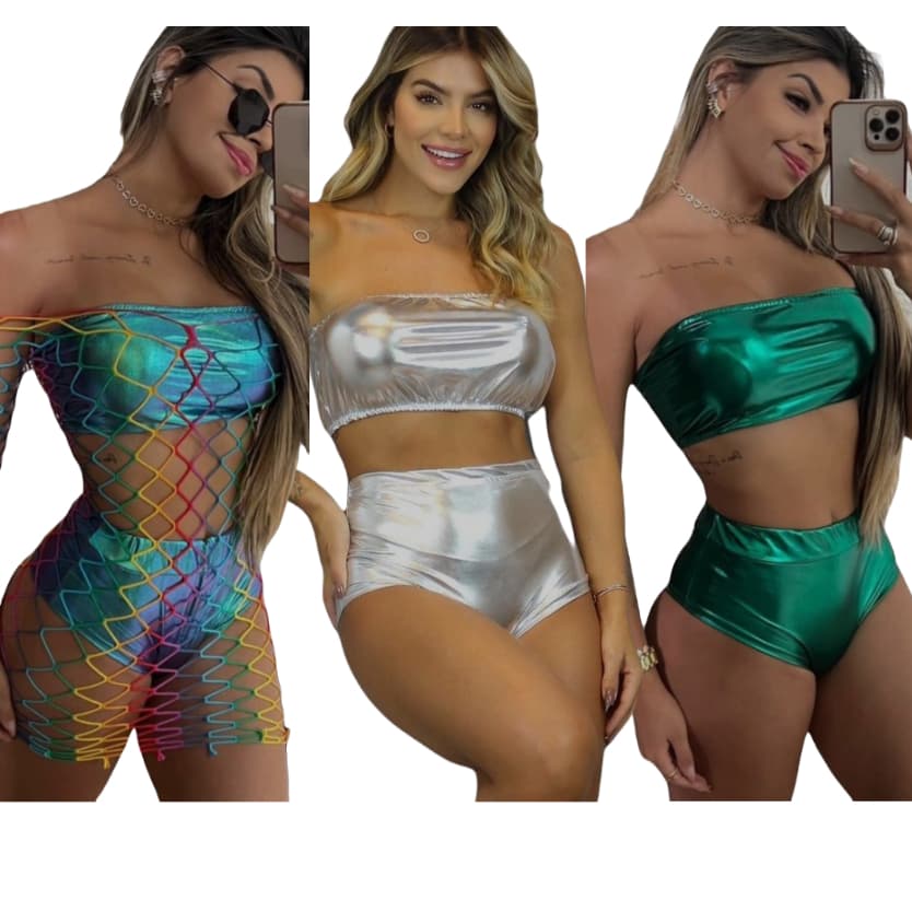 conjunto feminino  metalizado hot pants cintura alta top+saia carnaval 2026
