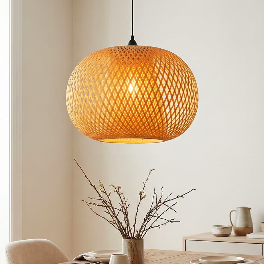 Lustre Pendente em Bambu Trançado Natural para Sala de Jantar, Restaurante e Ambientes Internos