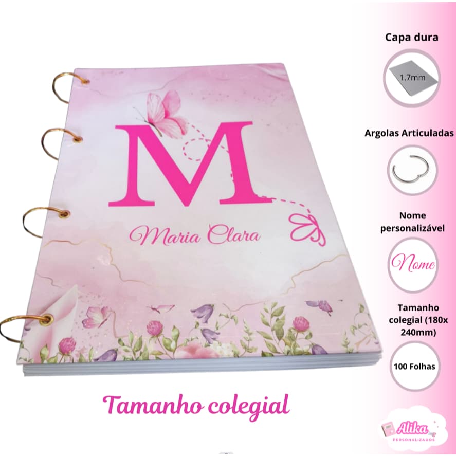 Caderno argolado tamanho colegial com elástico- opção capa padrão e sua arte