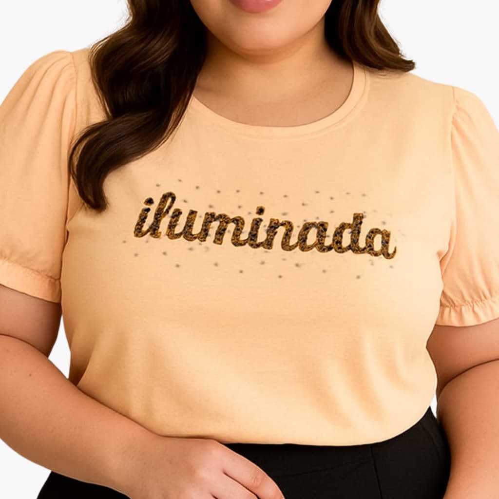 Camiseta Feminina Plus Size  Estampa  Manga Curta Bufante