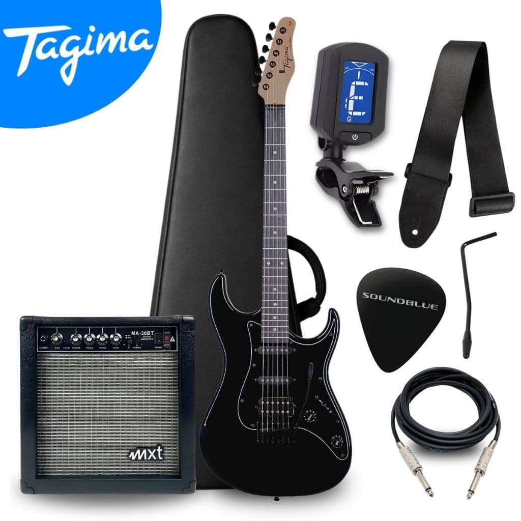 Kit Guitarra Tagima Tremolo Distorção Stratocaster Eletrica + Afinador Case Bag Correia Cabo Cubo Amplificador Completo