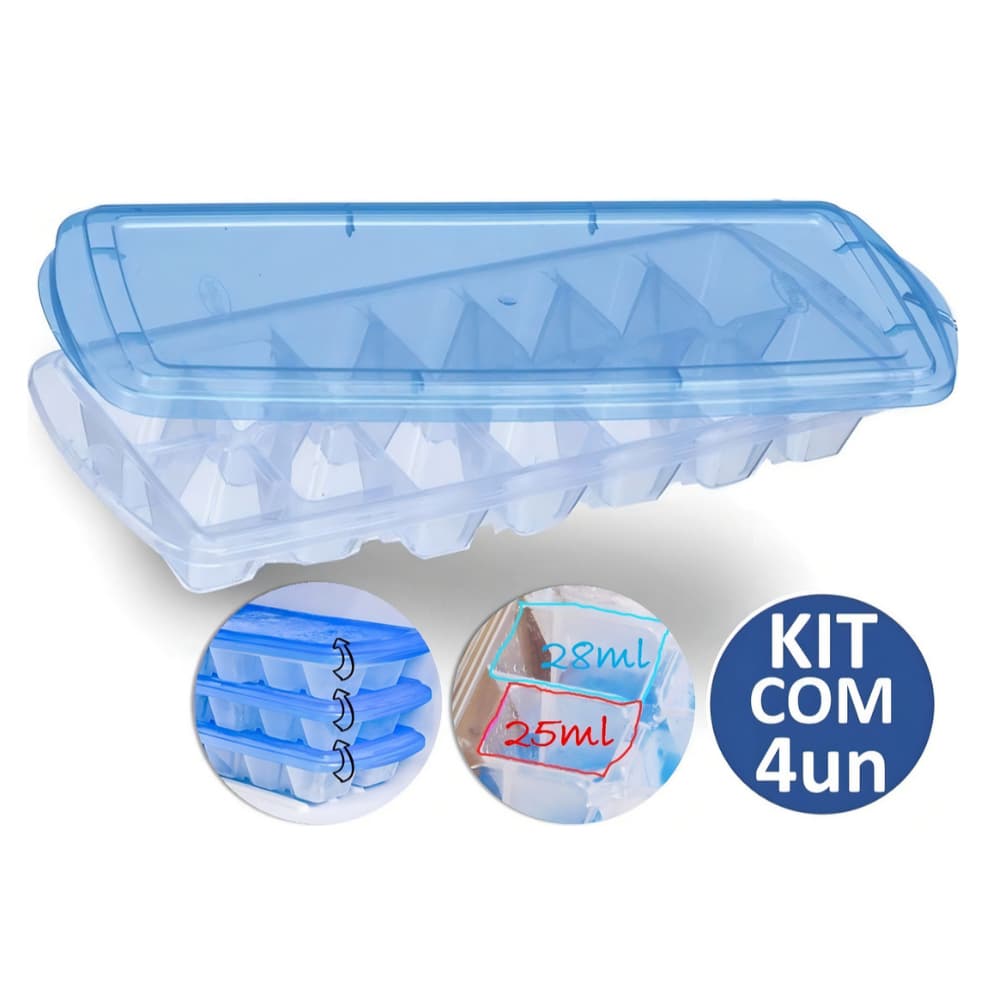 Kit 4 Formas de Gelo com Tampa – BPA Free e Empilhável