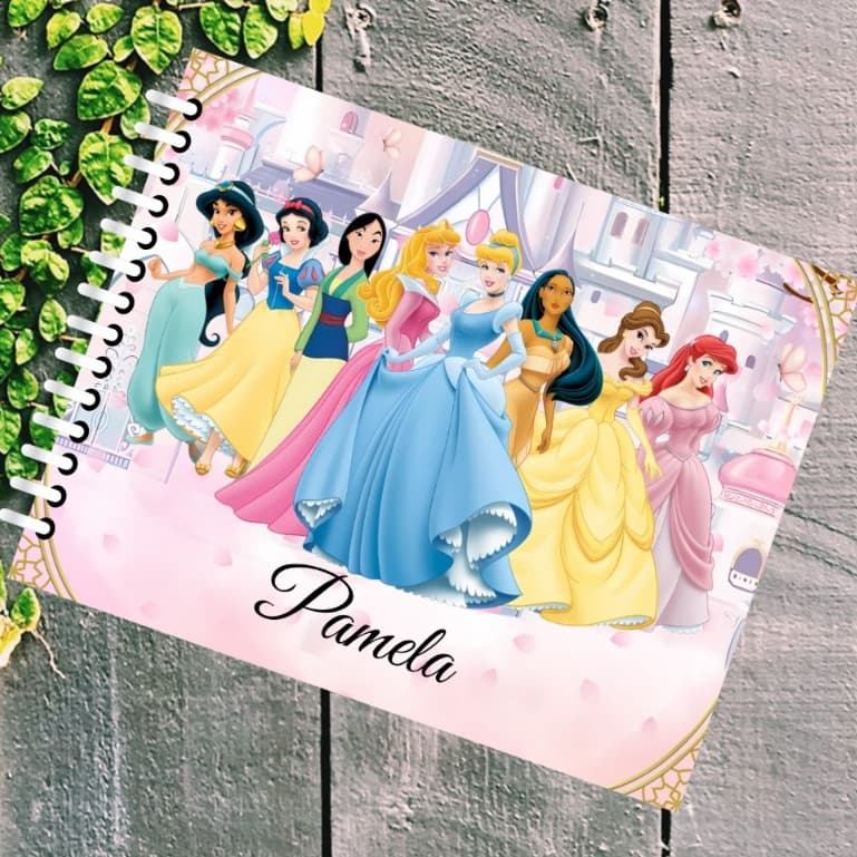 Caderno de Desenho OU Caderno Meia Pauta OU Caderno de Caligrafia Personalizado PRINCESAS com Nome - ESCOLHER