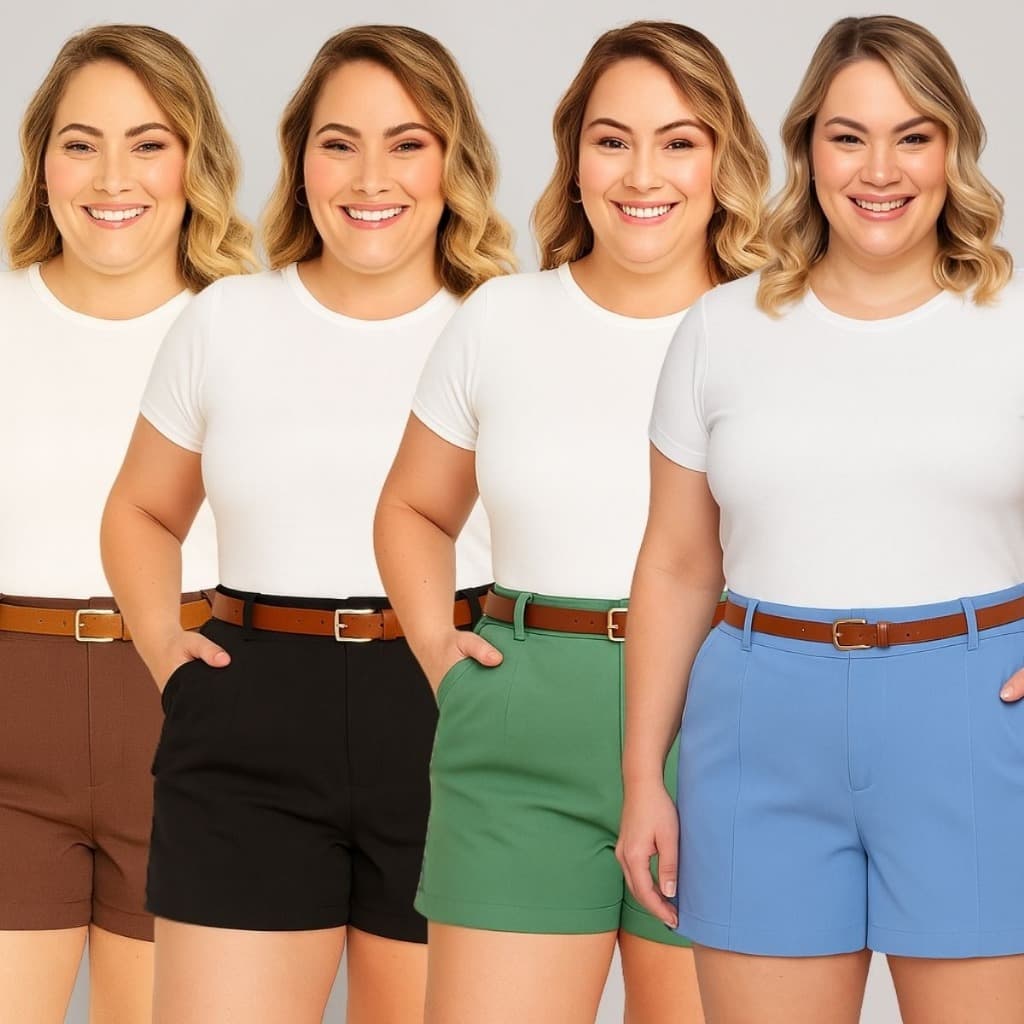 Shorts Feminino Plus Size Moda Verão Cintura Alta com Cinto e Bolso