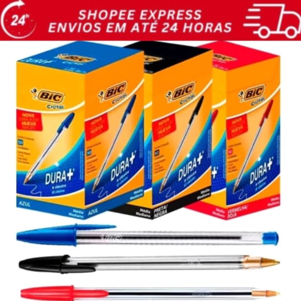Caneta  kit 3 Unidade esferográfica cristal 1.0mm media Azul Vermelha Preta Canetas Escrever