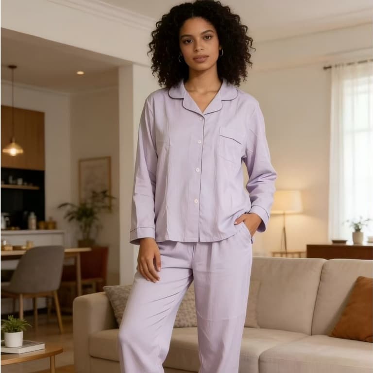 Conjunto de pijama feminino de luxoem algodão Cloud, manga comprida, duas peças, roupa de dormir confortável e elegante.