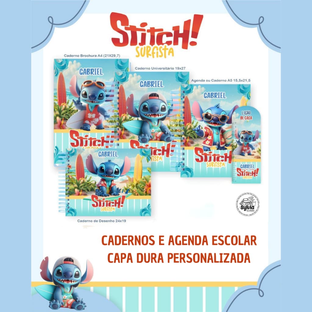 Cadernos Personalizados Stitch Surfista • Vários Modelos Escolares • Nome na Capa