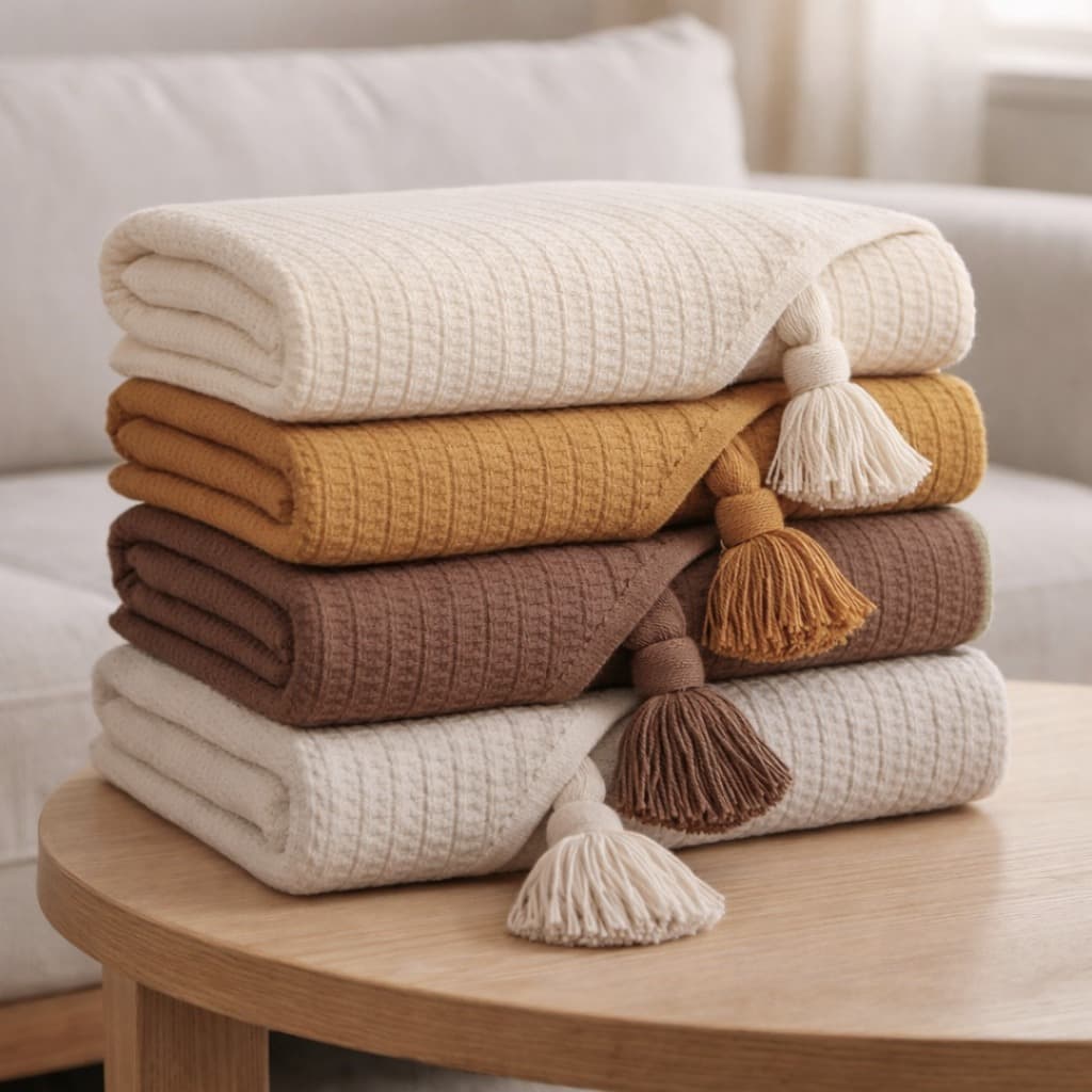 Manta Decorativa Algodão Cru 100% Com Pompom Para Sofá Cama Peseira Estilo Rústico 1,40x1,40m
