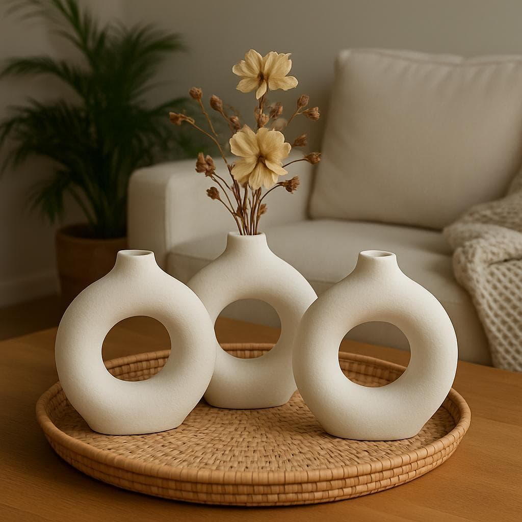 Kit Vaso Decorativo 3 Peças Branco e Marfim Mesa Centro Sala Trio Ppp