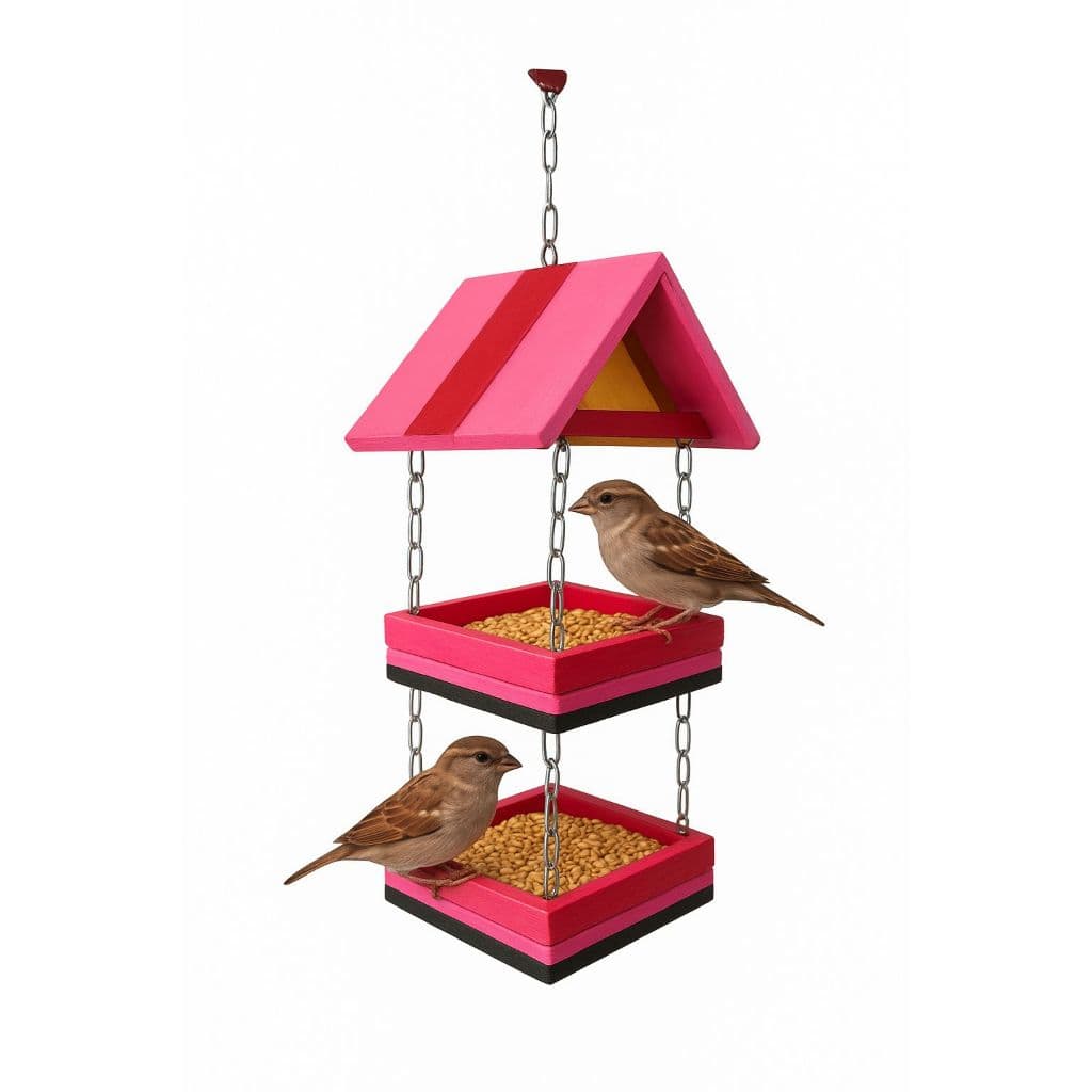 Suporte De Pendurar Alpiste De Passarinhos Com Corrente Casinha Rosa de Madeira