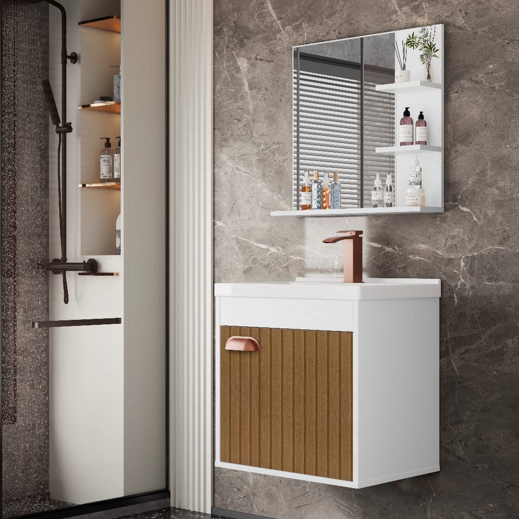 Conjunto Gabinete Banheiro C/Cuba Espelheira Em MDF Tókio Branco Ripado