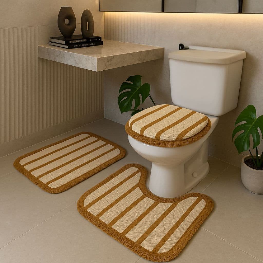 Jogo de Banheiro com 3 Peças em Algodão, Listrado Estilo Boho com Franjas Decorativas