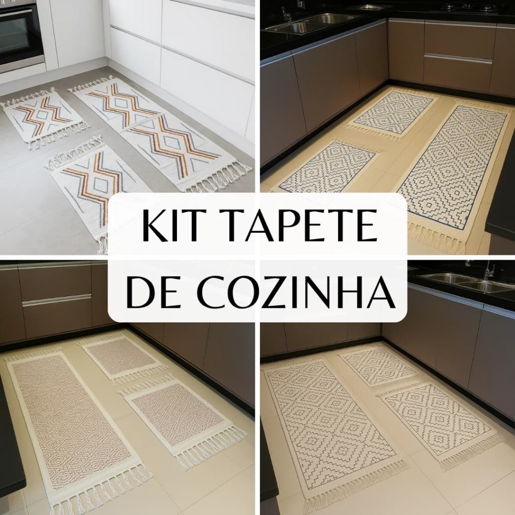 Kit de Tapetes Decorativos para Cozinha em Algodão 100%, Passadeira Geométrica 3 Peças