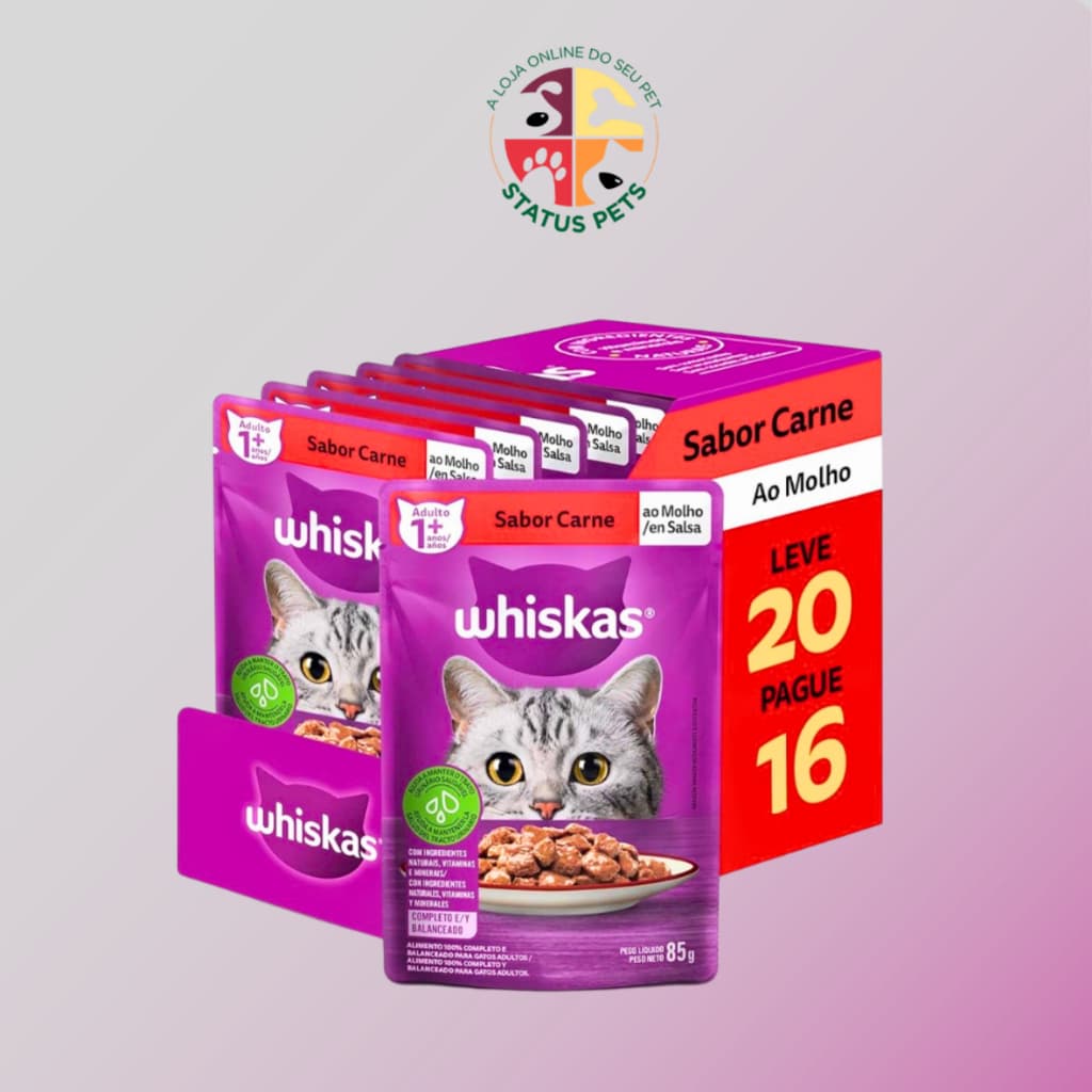 CAIXA LEVE 20 PAGUE 16 Ração Úmida Whiskas Sache ao Molho CARNE para Gatos Adultos 85g