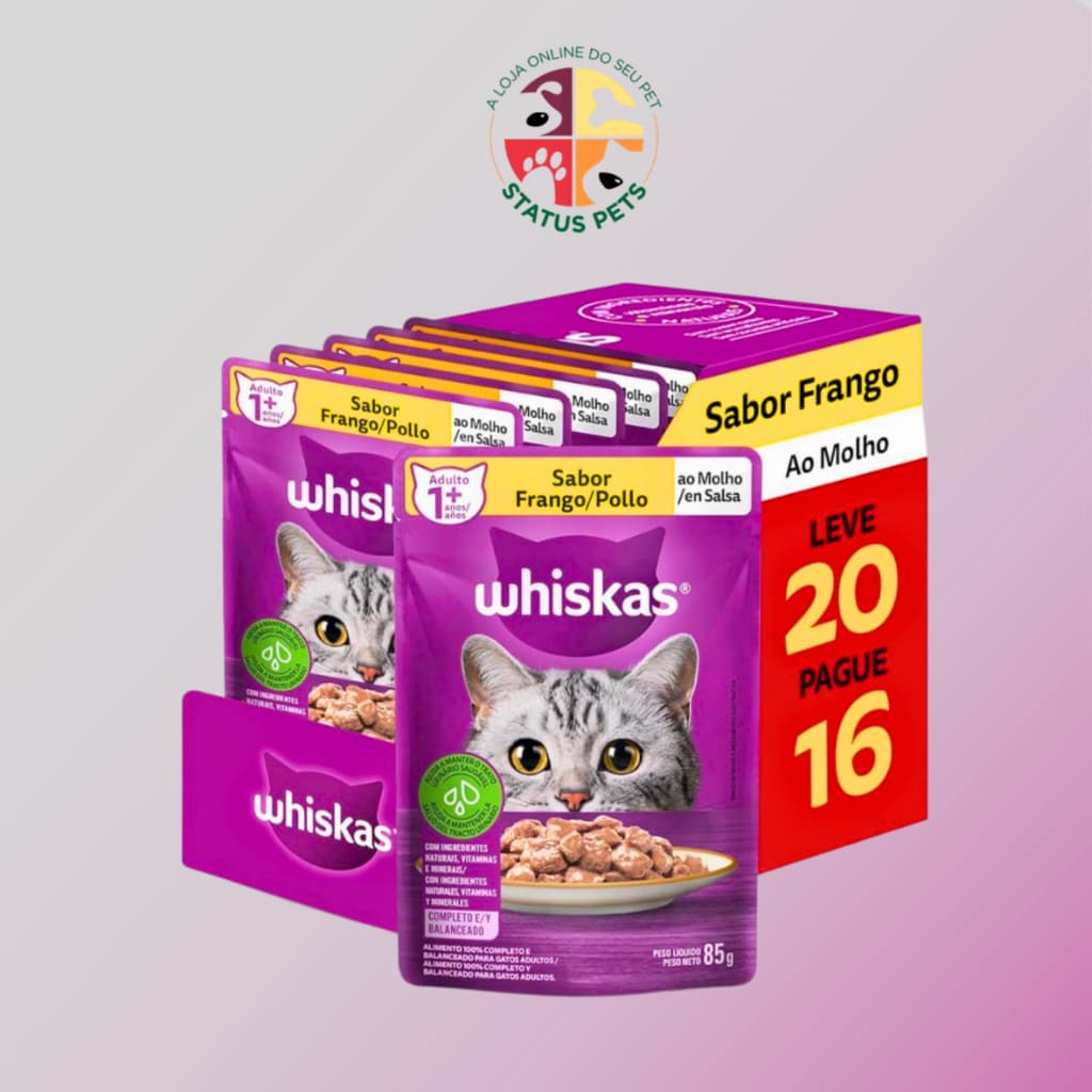 CAIXA LEVE 20 PAGUE 16 Ração úmida whiskas sachê ao molho FRANGO gatos adultos 85g