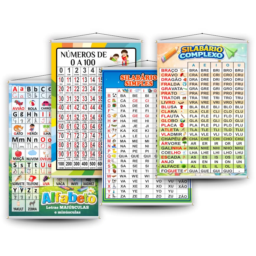 Kit 4 Banners Pedagógicos Educativos Alfabetização Infantil Números Alfabeto Silabário Simples Complexo Sala de Aula