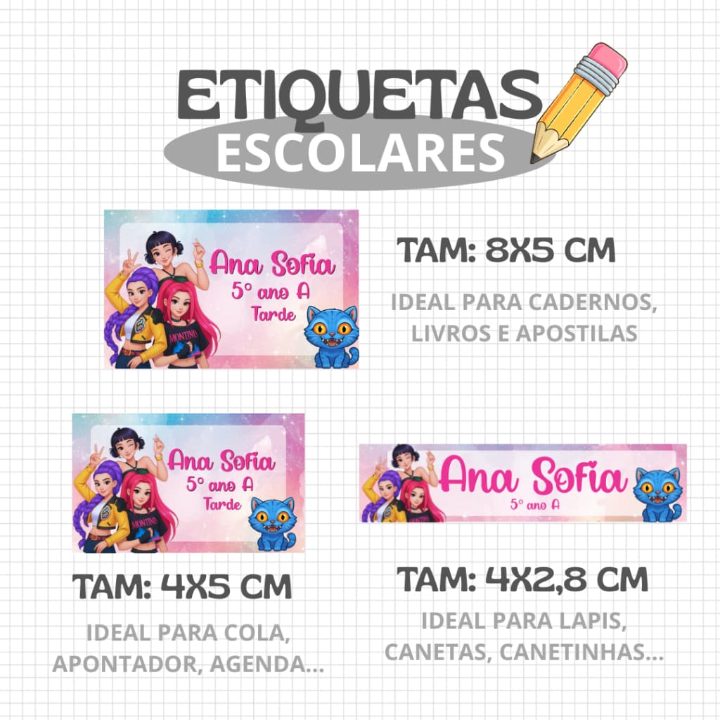 Kit 59 Etiquetas Escolares Adesivas Personalizadas tamanhos P/M/G - Volta as aulas