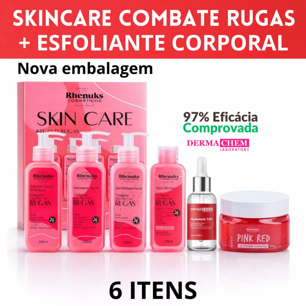 Kit Skincare Colágeno Anti Rugas Rhenuks+Sérum Hialurônico Dermachem+Esfoliante Corporal Body Scrub