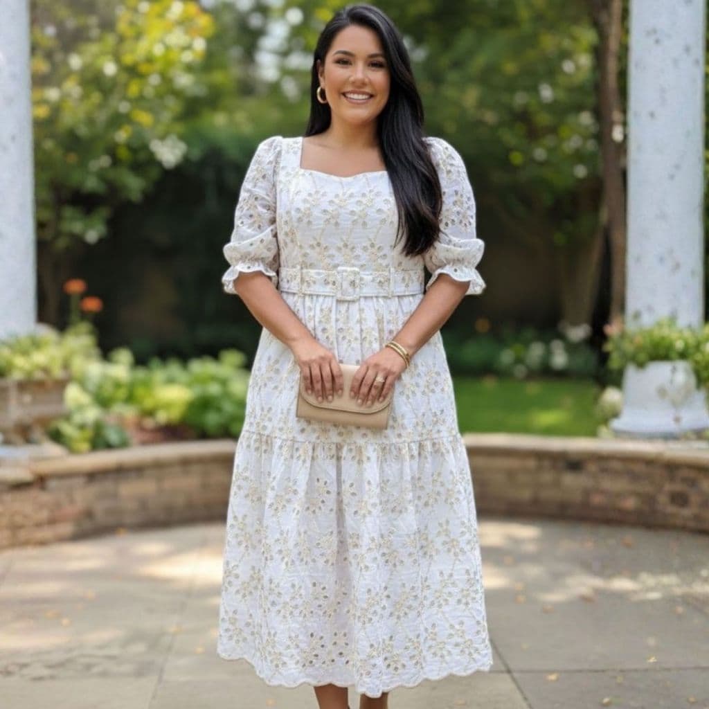 Vestido Midi Feminino Branco Com Detalhes Em Dourado E Manga Bufante Elegante Envio Imediato
