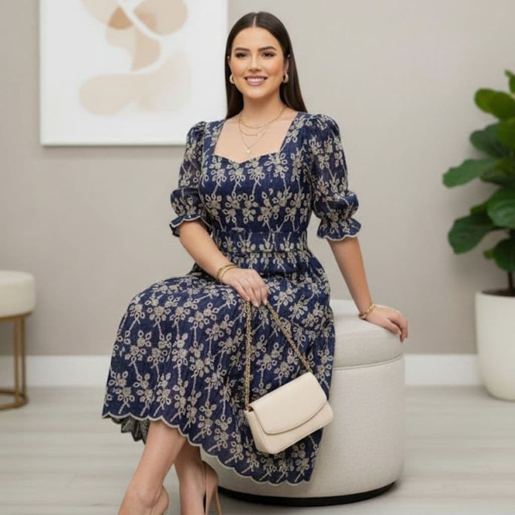 Vestido Midi Azul Marinho Estampado Com Forro Delicado Feminino Elegante Envio Imediato