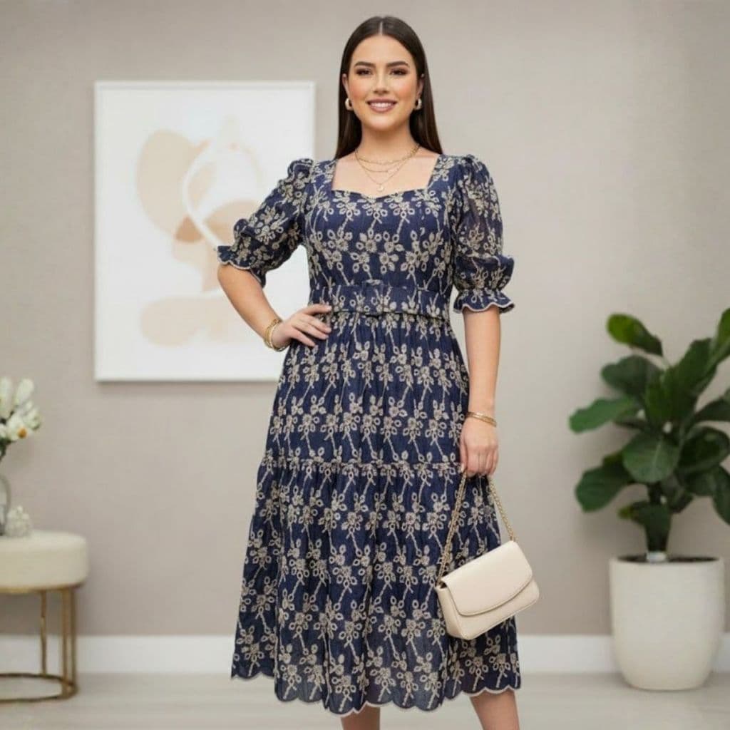 Vestido Midi Tecido Lessie Feminino Estampado E Com Forro De Alta Qualidade Envio Imediato