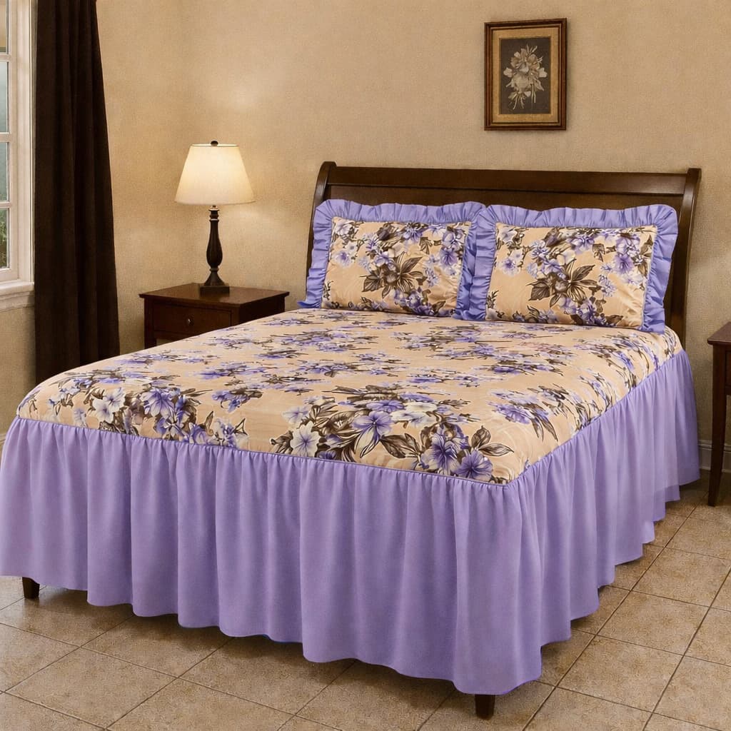 Colcha Casal King Lorena 3 Peças De Sarja estampado Com Babado 2,70m x 3,00m