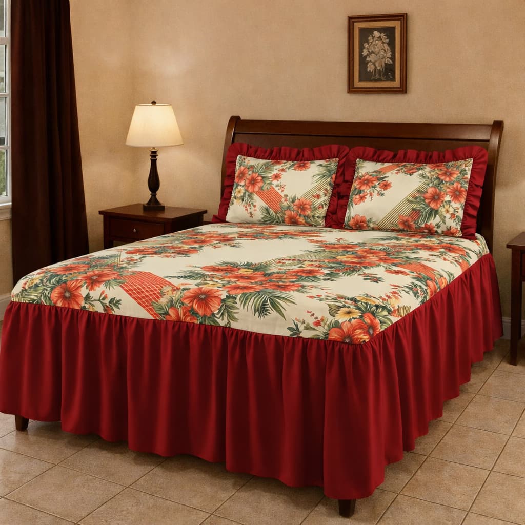 Colcha Casal Queen Lorena 3 Peças De Sarja estampado Com Babado 2,60m x 2,60m