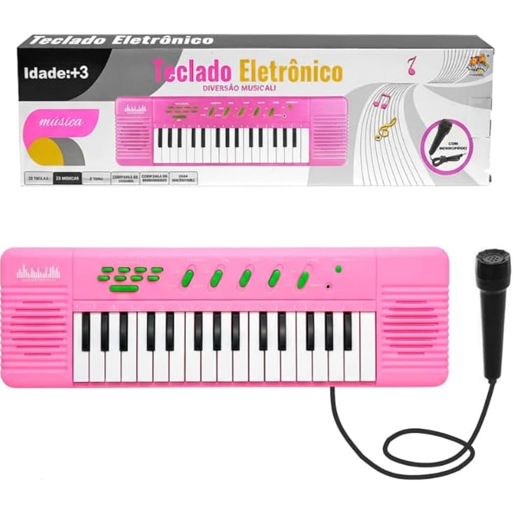 Teclado Musical Eletrônico Infantil Rosa 32 Teclas com Microfone Várias Funções + 3 Pilhas
