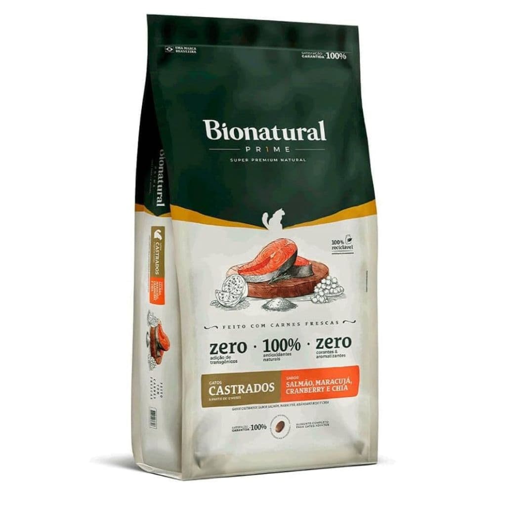 Ração Bionatural Prime gato castrado salmão 7,5 e 20kg para gatos exigentes