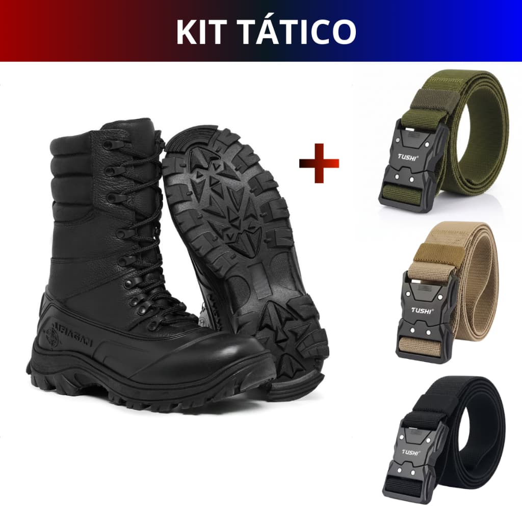 Kit Bota Coturno Militar Couro Legítimo + Cinto Masculino Tático Estiloso Versátil Confortável