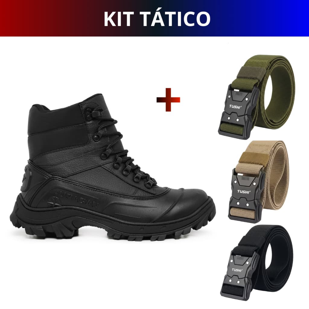 Kit Coturno Militar Couro Legítimo + Cinto Masculino Tático Versátil Estiloso Confortável