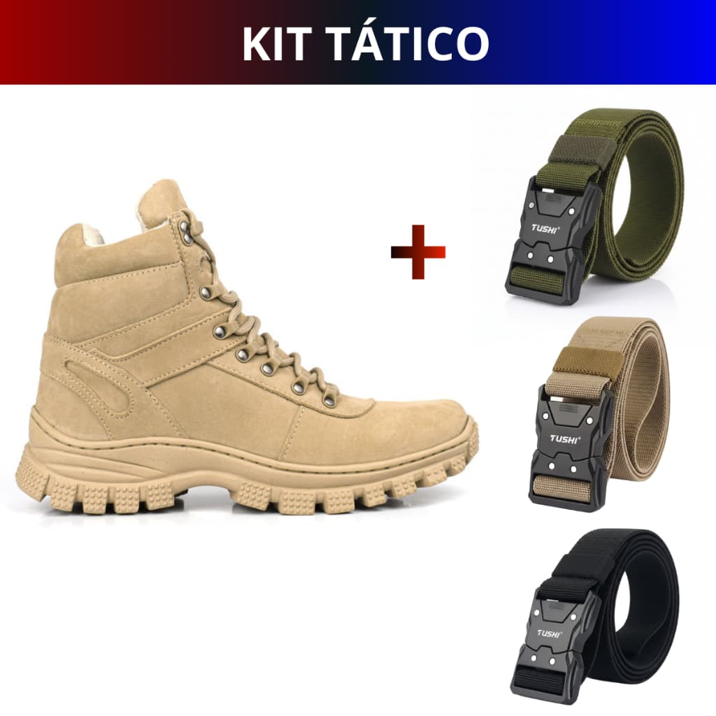 Kit Bota Militar Coturno Couro Legítimo Areia + Cinto Masculino Estiloso Tático Versátil Confortável